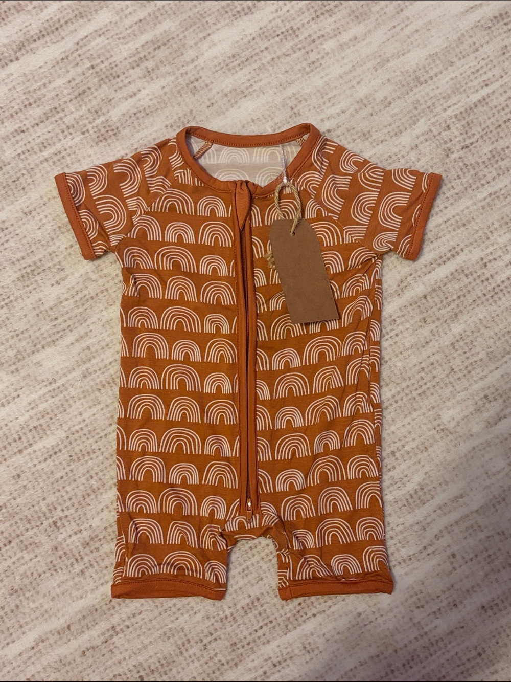 Miozing Bamboo Rainbow Shortie Romper Rust Orange 0-3M Two-Way Zip RDT18B